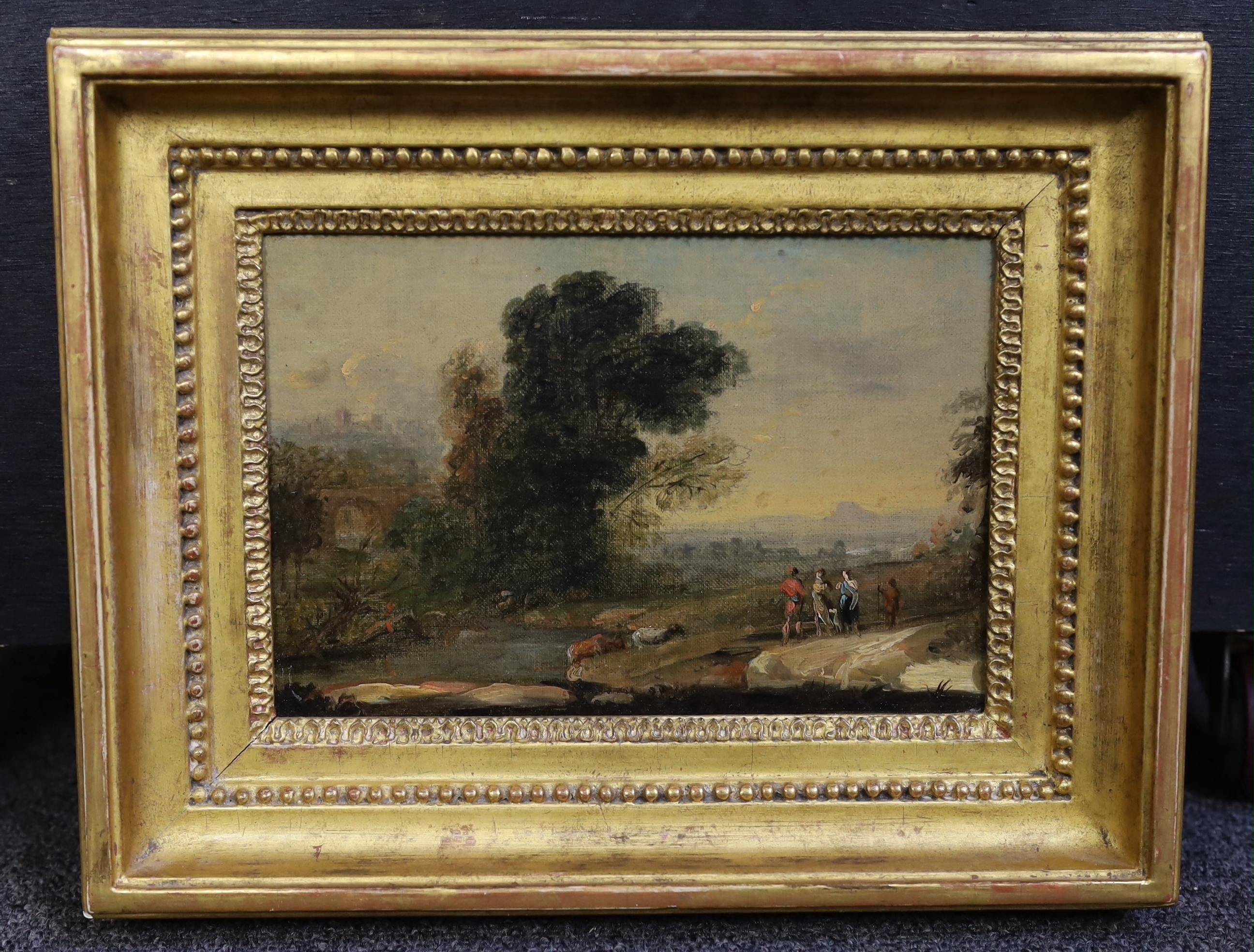 Circle of Claude Lorrain (French, 1600-1682), Sketch for Landscape with Cephalus and Procris Reunited by Diana, oil on canvas, 13 x 20cm